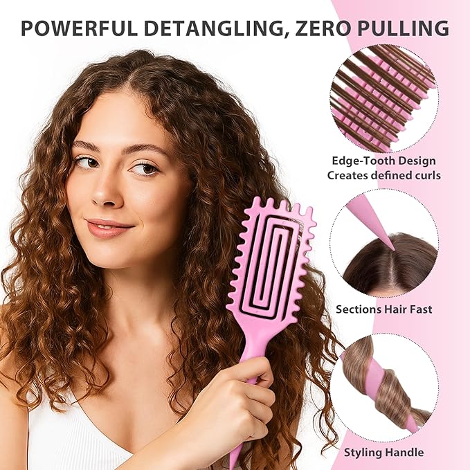 Curly Hair Brush, Curl Defining Brush for Women and Men, Effortless Detangling and Shaping for Curls, Waves and Coils, Reduces Pulling, Smooth Results (Pink)