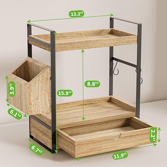 Kottwca Bathroom Counter Organizer with Drawer, 2-Tier Wood Countertop Organizer for Storage, Vanity Skincare Organizers, Bathroom Sink Shelf for Organization (Wood Color)