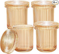 SheeChung 4-Pack Amber Glass Apothecary Jars - Vintage Sunburst Bathroom Organizer Set - Qtip Holder Dispenser, Cotton Swab Ball Pad Storage - Luxury Farmhouse Vanity Canisters