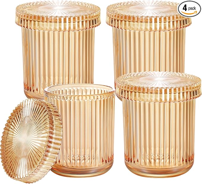 SheeChung 4-Pack Amber Glass Apothecary Jars - Vintage Sunburst Bathroom Organizer Set - Qtip Holder Dispenser, Cotton Swab Ball Pad Storage - Luxury Farmhouse Vanity Canisters