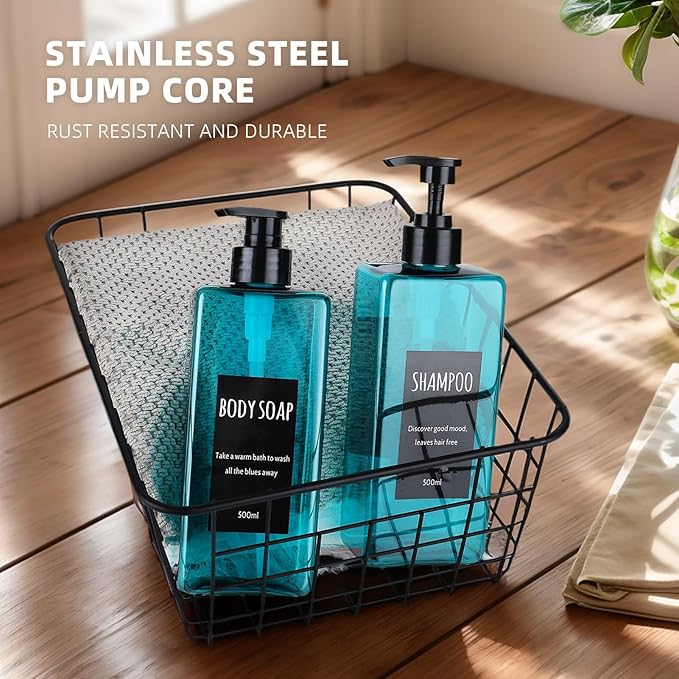 Shampoo and Conditioner Dispenser (Set of 2, 16.9oz) Modern Refillable Shampoo Pump Bottles for Shower Soap - Empty Body Wash Dispenser Set for Bathroom (Blue)