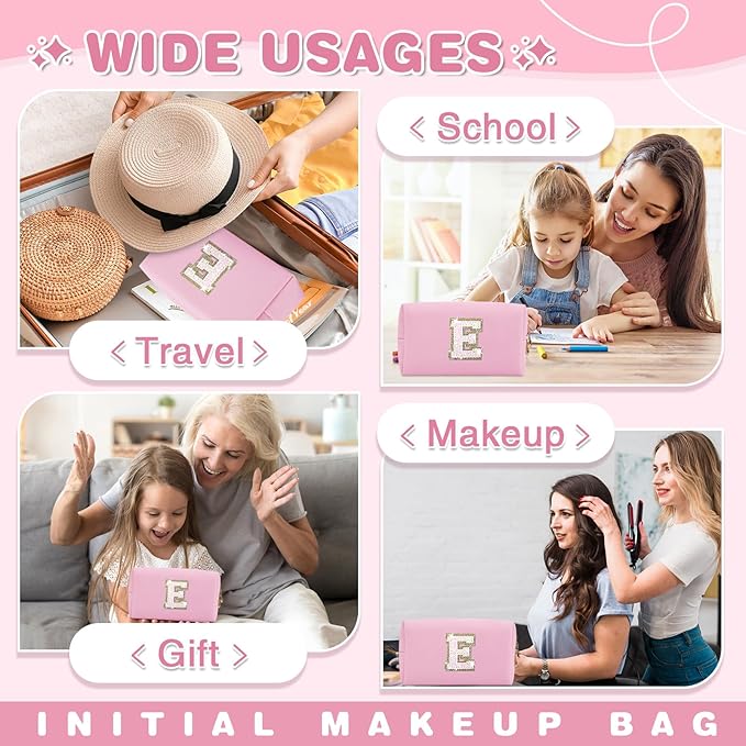 Small Personalized Initial A-Z Patch Makeup Bag,Pink Cute PU Leather Glitter Letter Cosmetic Bag for Teen Girls,Travel Toiletry Bag with Zipper,Preppy Monogrammed Birthday Gift for Daughter Niece E