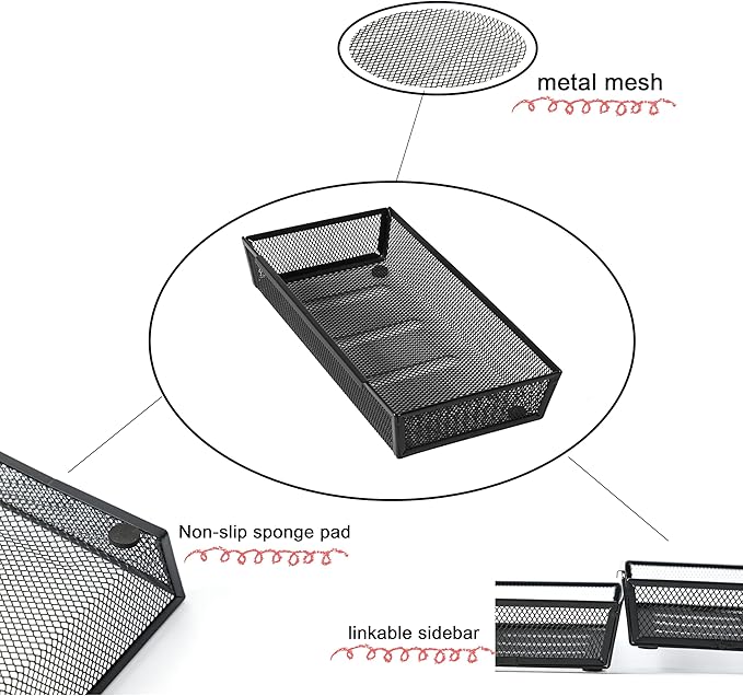 ihomecooker Mesh Tray Silverware Drawer Organizer, Utensil Cutlery Tray Office Supplies with Interlocking Arm Drawer Dividers Organizer for Flatware, Knives,Home,Office, School,Bedroom 12X6'' Black