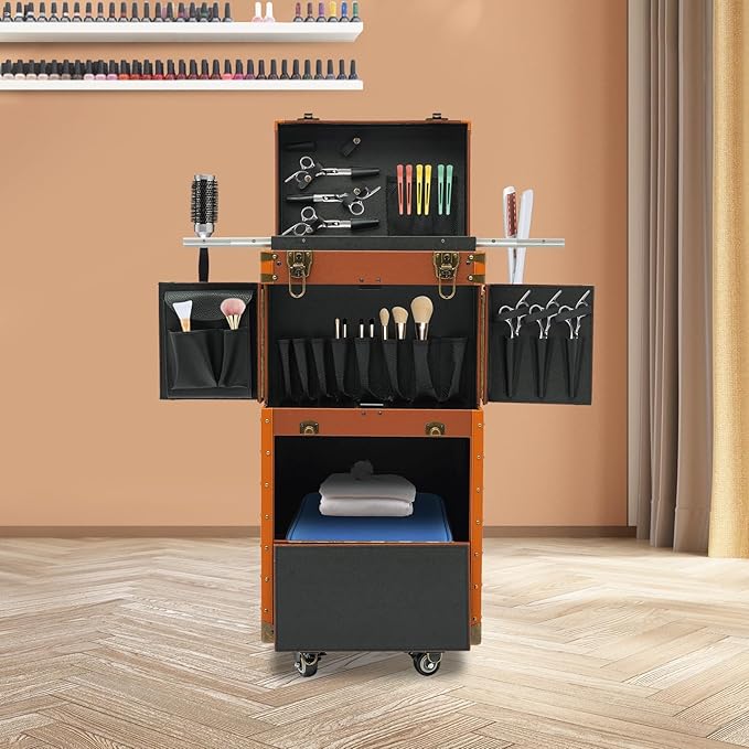 Rolling Makeup Case Large Storage Cosmetic Trolley, Rolling Lockable Makeup Train Case, Stylist Beauty Salon Cosmetic Luggage Travel Organizer Tool Box with Hair Dryer Holder (Coffee)