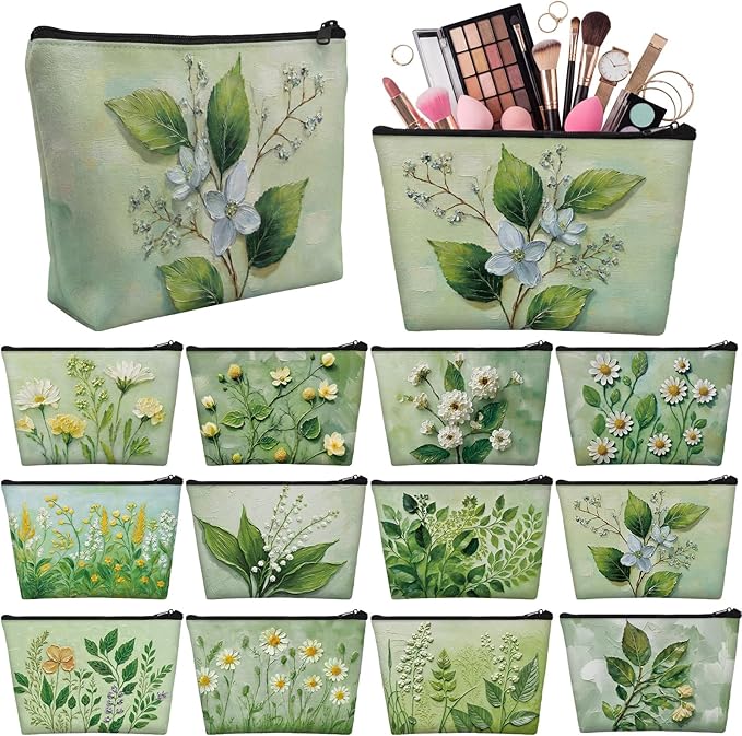 Sweetude 12 Pcs Spring Flower Makeup Bag Bulk Green Portable Travel Cosmetic Bags with Zipper Green Plant Floral Waterproof Roomy Travel Beauty Toiletry Organizer Storage Pouch for Women Spring Gifts