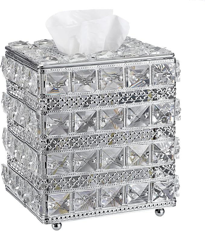 Sumnacon Crystal Square Tissue Box Cover - Sparkling Cube Glass Tissue Box Holder, Decorative Facial Tissue Holder for Bedroom Bathroom Dresser Night Stand Table Countertop Home Decor, Silver
