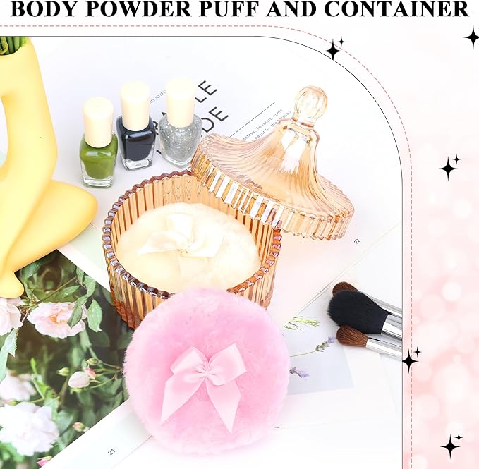 5PCS Body Powder Puff and Container, Coolrunner Crystal Clear Powder Container with Powder Spoon, Dusting Powder with Puff for Women, Washable Reusable