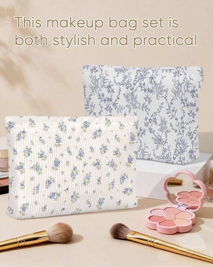 Elegant Blue Floral Makeup Pouch for Women Small Make Up Cute Flower Pattern Bag for Purse Zipper Initial Makeup Cosmetic Bags Pouches for Purse Aesthetic Travel Toiletry Bags