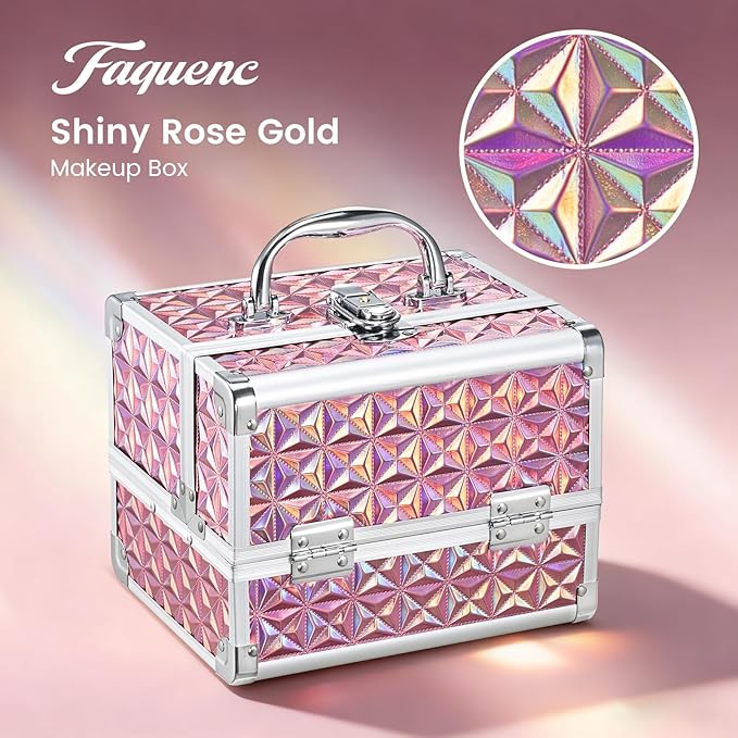 Makeup Case with Lighted Mirror Travel Makeup Organizer Box Portable Lockable 2 Trays Cosmetic Train Case with LED Mirror for Girls Make up Nail Kits Sewing Vanity Storage Case, Shiny Pink
