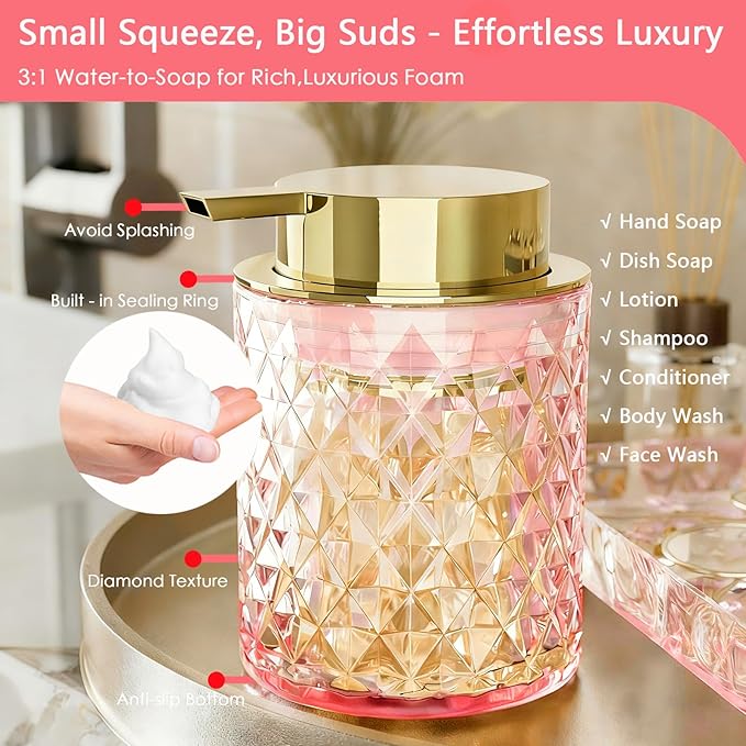 Glass Bathroom Accessories Set 5Pcs Crystal - Foaming Soap Dispenser, Soap Dish, Cup, Acrylic Toothbrush Holder with Tray Organizer, Qtip Jar, Bathroom Counter Set Sink Decor (Pink)