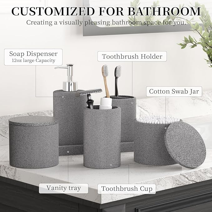6-Piece Grey Bathroom Set - Mesh Textured Resin Bathroom Accessories Set with Soap Dispenser, Toothbrush Holder, Cup, Vanity Tray & Apothecary Jars for Small Spaces
