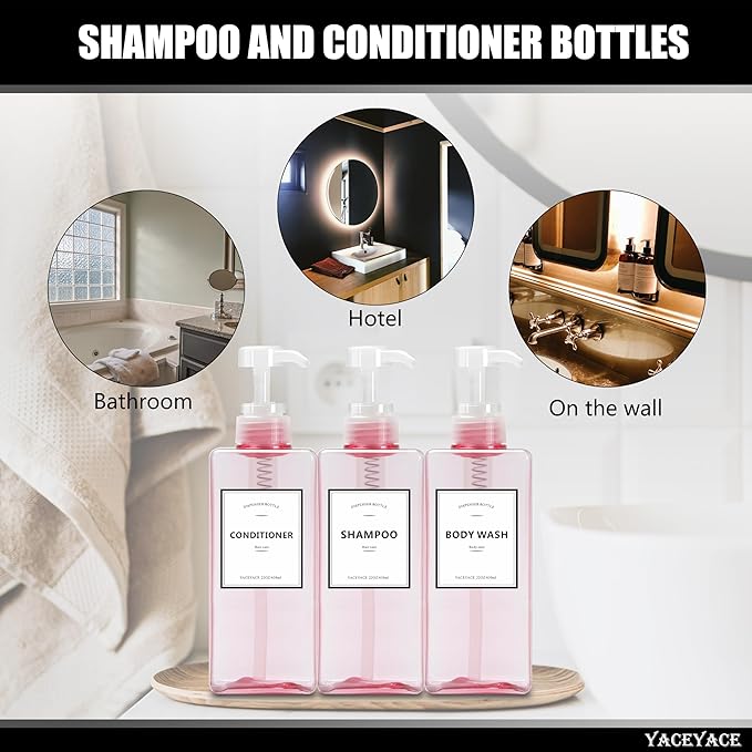 22oz Set of 3 Travel Shampoo and Conditioner Dispenser, Empty Soap Dispenser, Pink Refillable Bottles