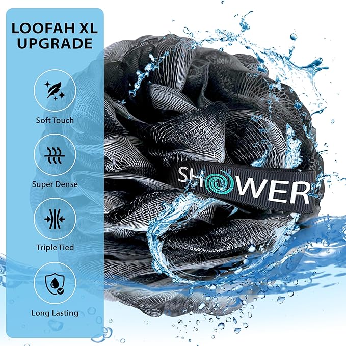 SHOWER BOUQUET Loofah-Charcoal Bath-Sponge-4-Pack // Extra-Large 75g Soft Mesh Black Loofa Lufa Loufa Luffa Puff Set/Exfoliating Body Scrubber for Women and Men - Exfoliate & Soothe Face & Body