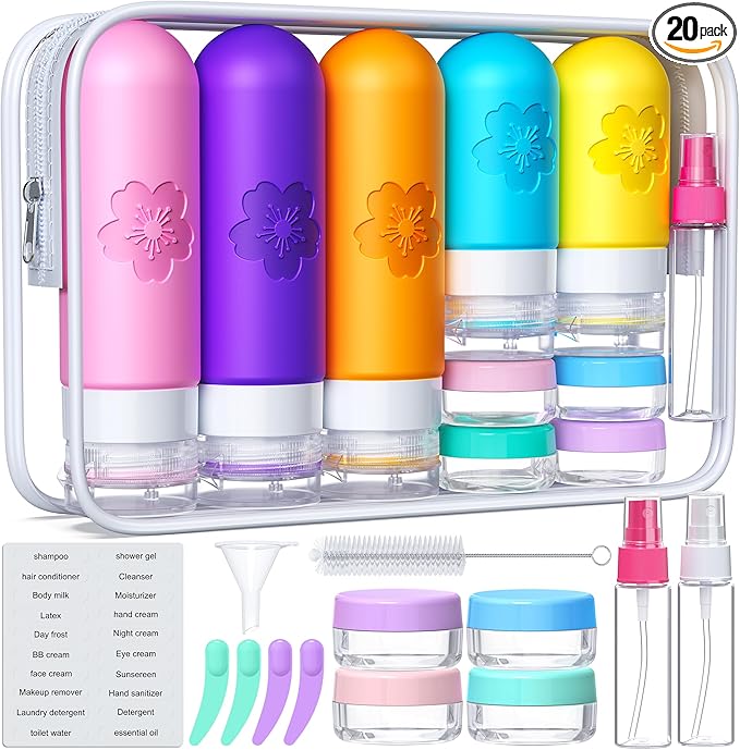 20Pack Travel Bottles for Toiletries, TSA Approved Travel Bottles Silicone Travel Size Containers, Travel Essentials Leak Proof Refillable Liquid, Shampoo and Conditioner Travel Toiletry Bottles
