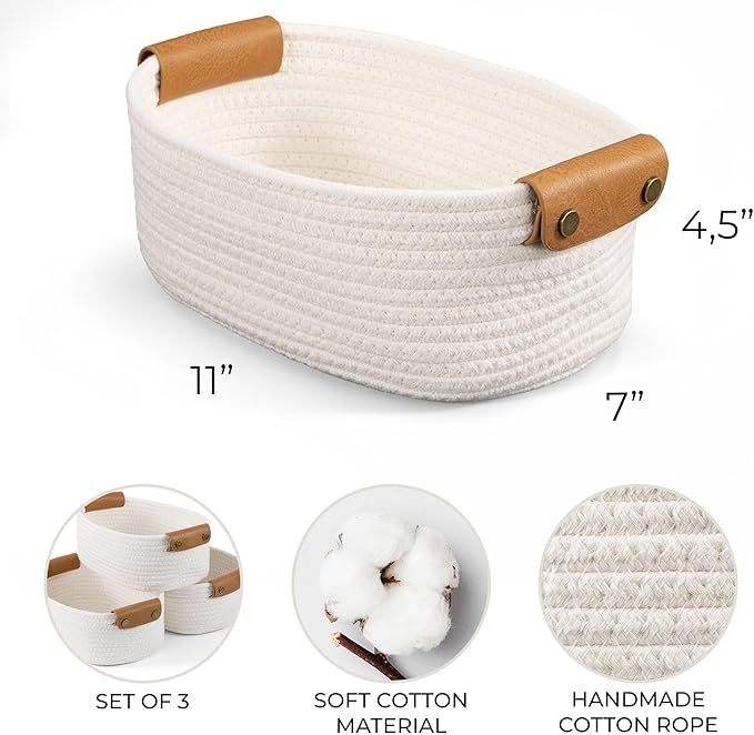 Beautiful Storage Basket Set of 3 - Sturdy Cotton Rope Baskets for Shelves Are Perfect for Organizing Your Home - Quality Storage Bins Easily Fit With Any Nursery or Bedroom Decor