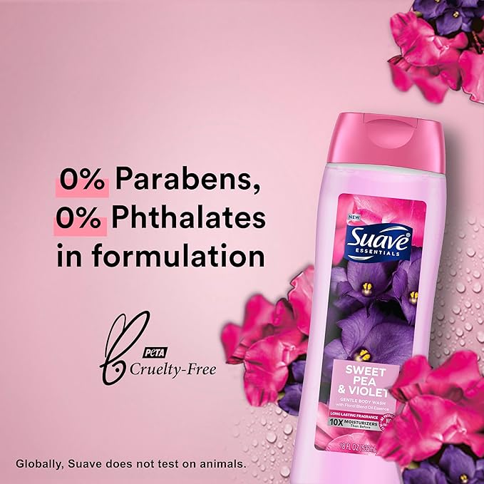 Suave Moisturizing Body Wash,with Sweet Pea Violet and Vitamin E Extract,No Parabens,No Phtahaltes,18 Fl Oz,(Pack of 12)