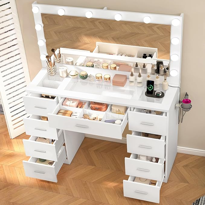 Quimoo Vanity Desk with Glass Top & Large Lights Mirror, 3 Adjustable Lighting Color, 46" Makeup Vanity Desk with 9 Drawers and 12 LED Lights, Vanity Table, Dressing Table for Bedroom(White)
