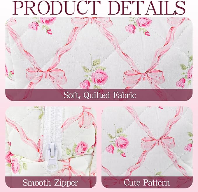 Quilted Makeup Bag Floral Cotton Make up Bag Puffy Coquette Makeup pouch Aesthetic Cute Travel Toiletry Bag for Women Girls