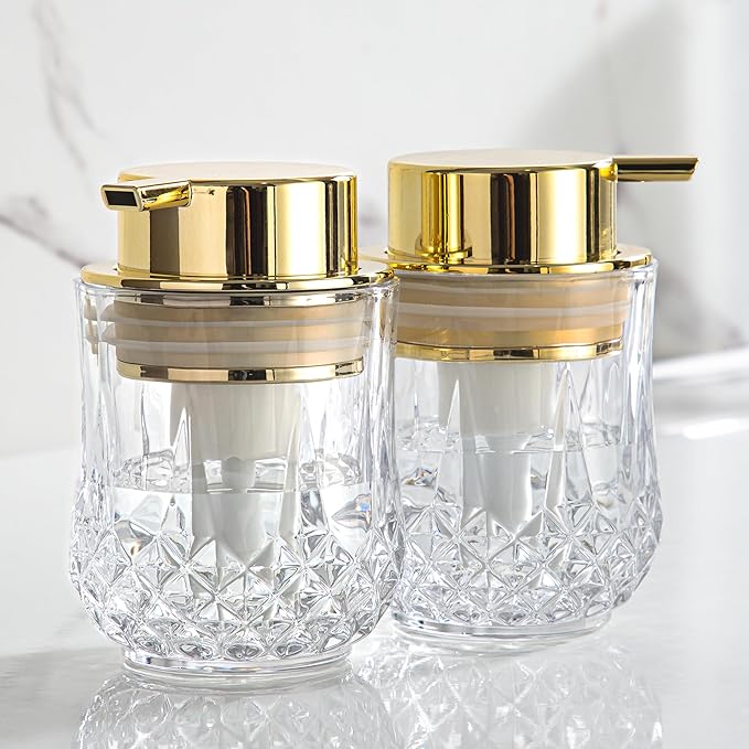 Glass Foam Soap Dispenser Set - 2 Pack Bathroom Hand Soap Dispensers,Refillable Dish Soap Dispenser for Gold Pump,Modern Home Soap Dispenser for Bathroom,Kitchen (Clear/Gold Poam Pump/2Pack)