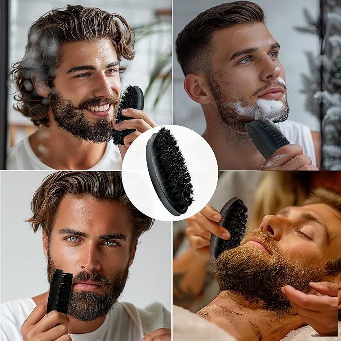 Men's Solid Wood Beard Brush, Boar Bristle Mustache Brush for Men, Military Style
