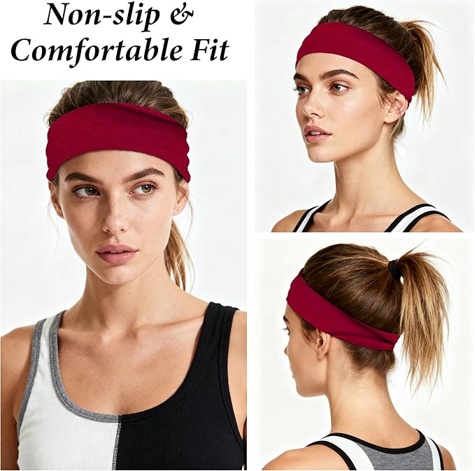 Headbands for Women Non-Slip Workout Hair Bands, 6 Pack Stretchy Athletic Soft Sweatbands, Elastic Cloth Fabric Headband, Fashion Head Bands for Yoga Running Sports Gym Sports Exercise