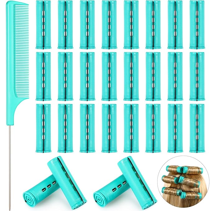 Chuangdi 24 Pcs Hair Perm Rods Plastic Cold Wave Perming Curlers Hair Rollers with Steel Pintail Comb Rat Tail Comb Tools for Hairdressing Styling(Green,0.98 Inches)
