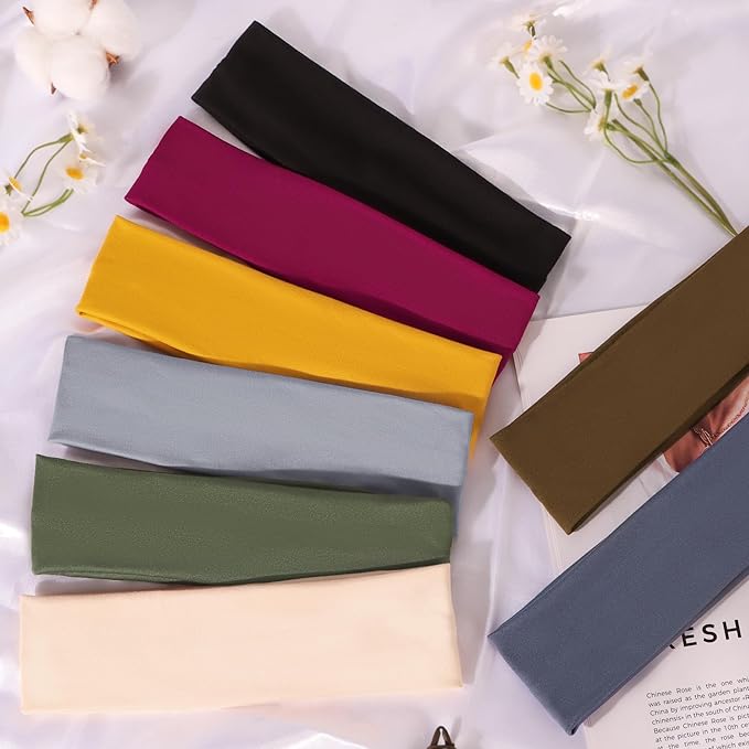 8 Pack Headbands for Women Non Slip - Stylish Sports Hair Bands for Women's Hair - Soft Cotton Cloth Stretchy Headbands for Women for Yoga, Outdoor Exercise Running