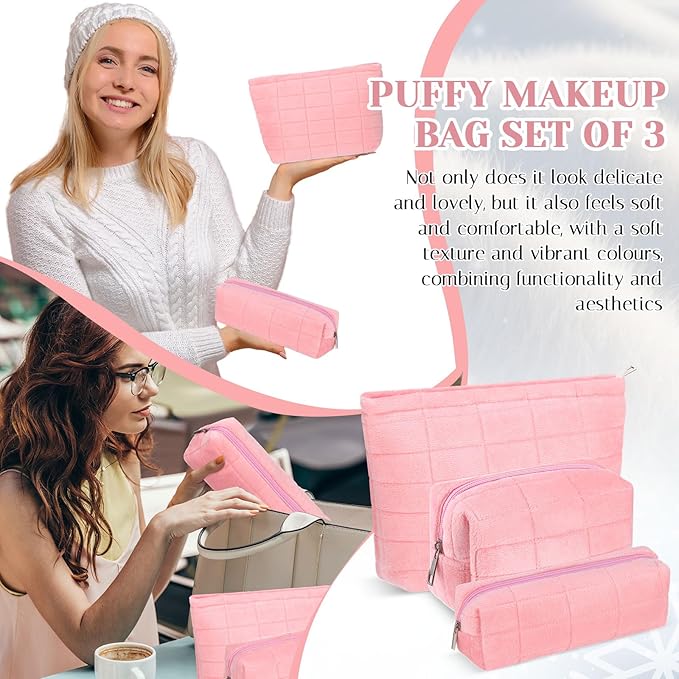 3 Pcs Puffy Makeup Bag Set Quilted Plush Emergency Pouch for Women Cute Checkered Travel Toiletry Bag Puffer Aesthetic Makeup Organizer Cosmetic Purse Pouch Preppy Pencil Case(Pink)