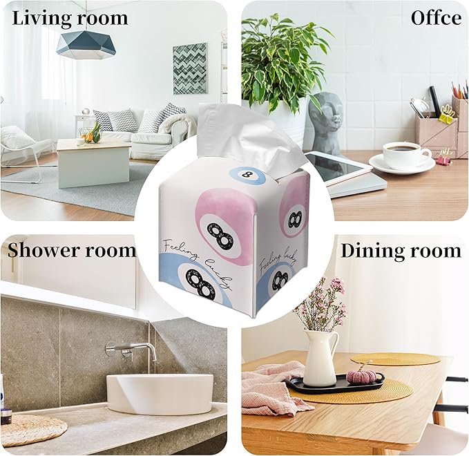 Grace Yonks Cute Tissue Box Cover Square - Pink & Blue 8 Ball “Feeling Lucky” Design 5.2" PU Leather Holder for Vanity, Desk, or Bathroom Counter - Cube Case for Facial Tissues(004)