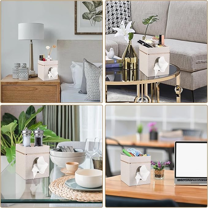 Sumnacon Linen Square Tissue Box Cover - Decorative Cube Tissue Box Holder with Tray, Stylish Tissue Box for Bathroom Toilet Tank Vanity Dresser Table Office Bar Restaurant, Beige