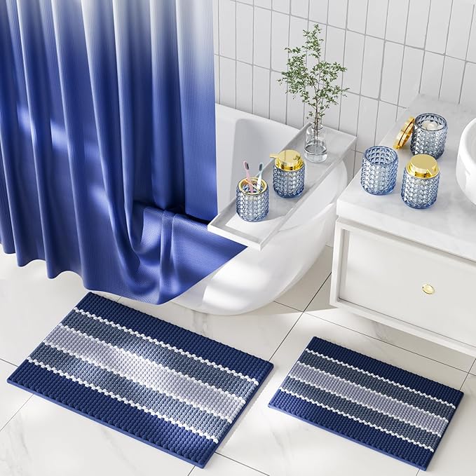 Bathroom Sets with Shower Curtain and Rugs and Accessories, Glass Bathroom Accessories Set Blue Bathroom Set Bathroom Sets, Blue Bath Mat and Diamond Soap Dispenser for Bathroom Decor