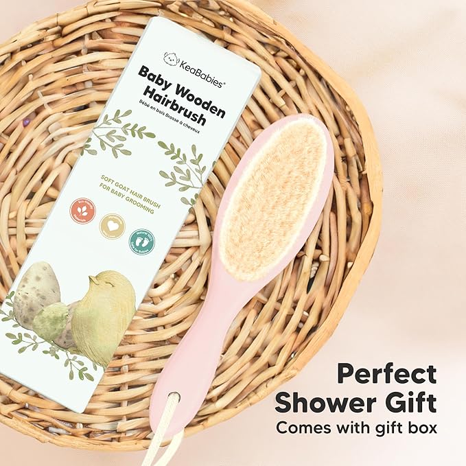 Wooden Baby Hair Brush - Cradle Cap Baby Brush with Soft Goat Bristles, Perfect Gentle Scalp Newborn Comb for Infant, Girls, Boys, Bath Essentials (Blush, Regular)