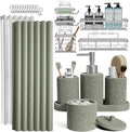 Clara Clark Sage Green Bathroom Set - Bathroom Accessories Set, 24PC Bathroom Accessory Set, Bathroom Sets with Shower Curtain Set, Adhesive Corner Shower Caddy Hanging & Soap Dispenser