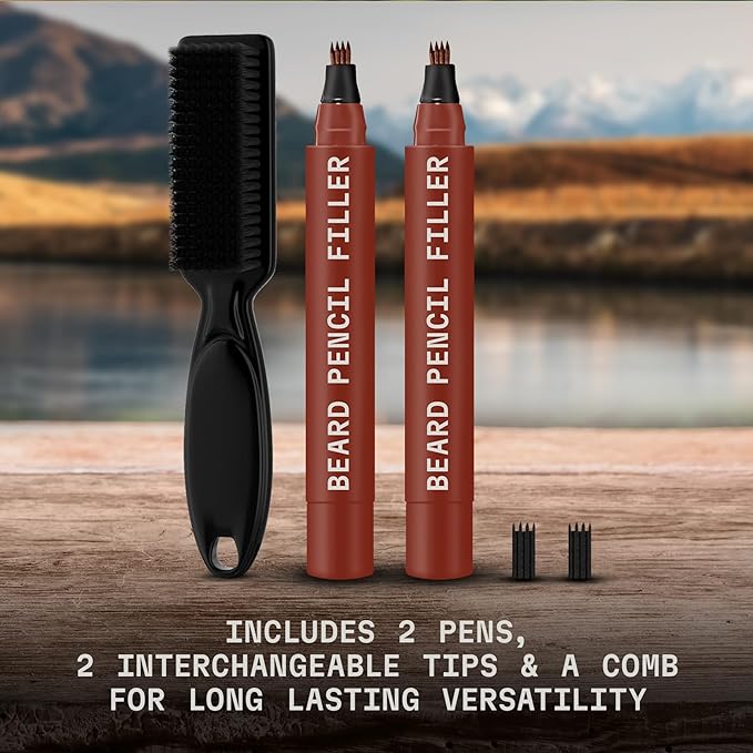 Striking Viking Beard Pencil Filler for Men - Red Brown, 2 Pack - Temporary Beard Dye - Waterproof Sweatproof Long Wear Beard Filler Pen for Touchups & Gap Contouring - Enhances Facial Hair