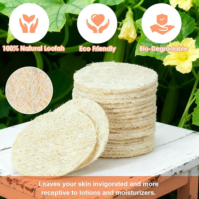 30 Pcs Natural Loofah Sponge Pads, 2.36 Inch Exfoliating Body Facial Scrub Pads for Makeup & Dead Skin Masks Removal Washing Face, Exfoliator Scrub Brush for Men Women Bath Shower Spa