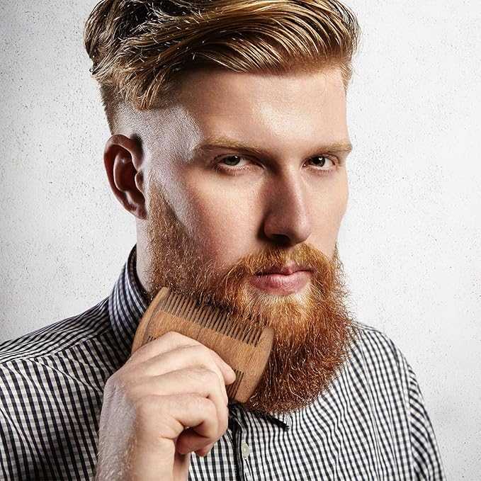 3 Pieces Beard Comb for Men Natural Sandalwood Wooden Mustaches Combs Dual Action Teeth Beard Comb with 3 Pieces Pocket Faux Leather Case for Beards Mustaches(Black, Yellow, Brown)