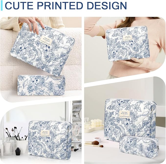 2PC Makeup Bag Set, Cute Cosmetic Bag for Women Girls, Floral Coquette Aesthetic Toiletry Bag, Travel Make Up Organizer Bag (Navy Blue)