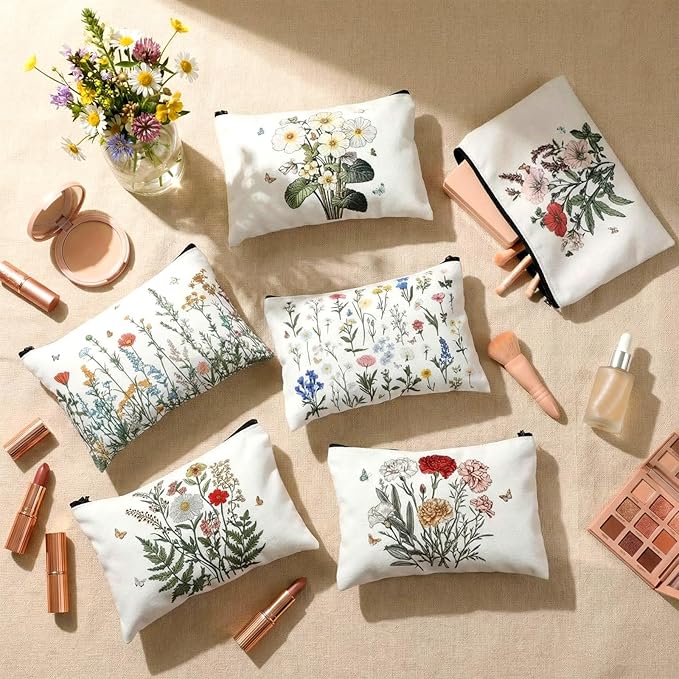 Sweetude 12 Pcs Spring Flowers Makeup Bag Bulk Portable Travel Cosmetic Bags with Zipper Wildflower Floral Waterproof Roomy Travel Beauty Toiletry Organizer Storage Pouch for Women Spring Gifts