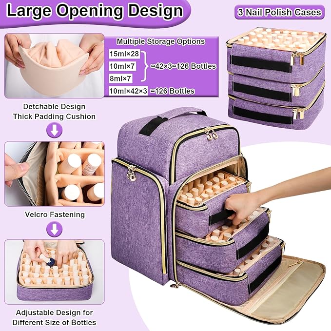 Nail Polish Organizer Backpack Holds 126 Bottles& Nail Lamp, Extra Large Nail Kit Supplies Organizer Bag with 3 Removable Cases, Portable Nail Organizers and Storage for Travel (Noble Purple)