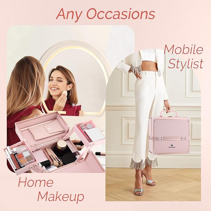 Makeup Train Case 2 Trays Makeup Box Organizer Portable Travel Makeup Case Lockable Makeup Storage Organizer Cosmetic Box for Jewelry Nail Tech Brushes Accessories Tool, Pink