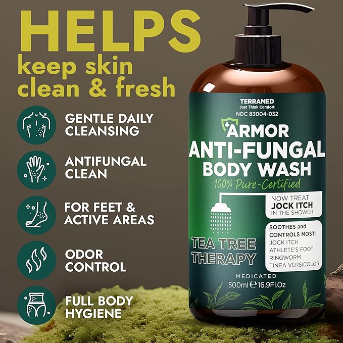 Antifungal Body Wash with Tea Tree Oil | Antifungal Soap for Back Acne,Treats Ringworm, Eczema & Jock Itch | Antifungal Body Soap For Men And Women | Includes Silicon Scrubber (16.9 oz)