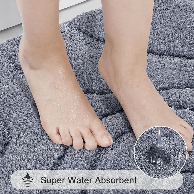 HEBE Bathroom Rugs Sets 5 Piece, Soft Absorbent Microfiber Bath Mat for Bathroom, Non Slip Washable Bath Rug Set with Toilet Cover, Bath Runner and U-Shaped Contour Toilet Rug, Dark Grey