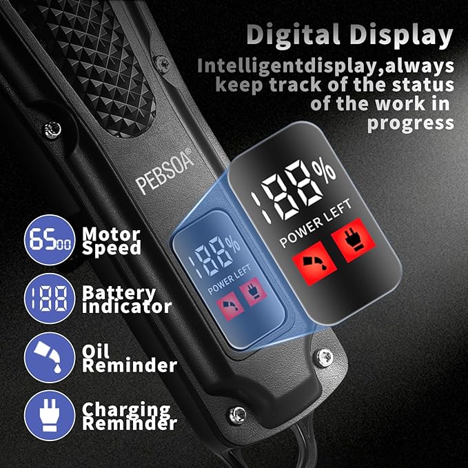 pebsoa® Men's Professional Hair Clippers Kit，Cordless & Corded Barber Clippers Set，Grooming Rechargeable Beard Trimmer with Adjustable Blade Black