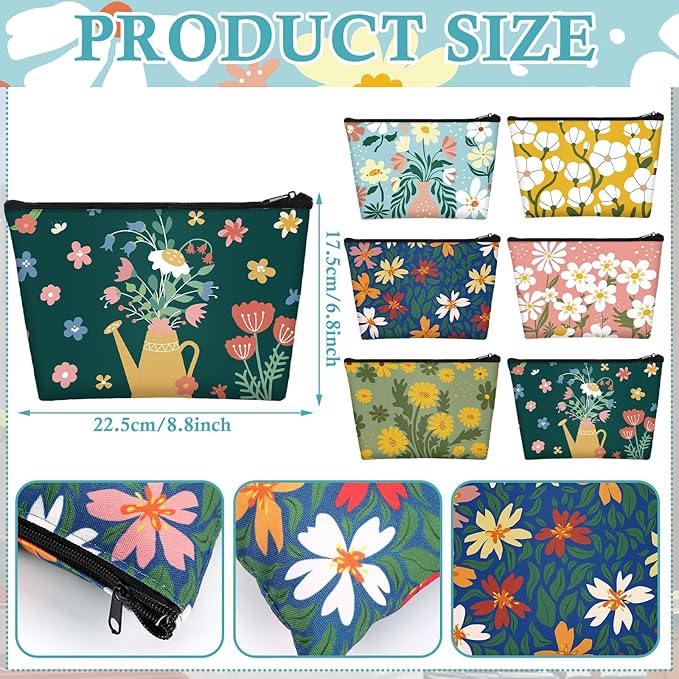 Sweetude 12 Pcs Spring Flowers Makeup Bag Bulk Portable Travel Cosmetic Bags with Zipper Simple Floral Waterproof Roomy Travel Beauty Toiletry Organizer Storage Pouch for Women Spring Gifts