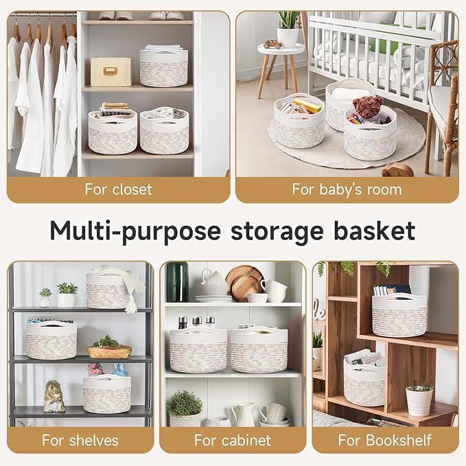 Small Rope Baskets for Storage, Baskets for Gifts Empty, Cute Round Woven Basket, Decorative Shelf Baskets 9.82×9.82×7.1", Cotton Toy Basket Storage Bins for Organizer 3 Packs-Rainbow