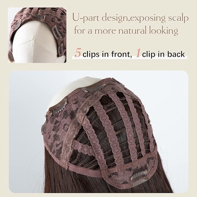 SARLA Clip in U Part Hair Extensions Synthetic Long Wavy Curly Thick Full Head Hairpiece for Women Dark Brown/Golden Blonde Highlights 24 Inch