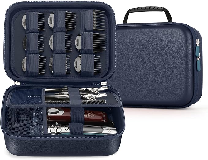 MOSLA Hard Barber Accessories Case for Hair Clippers, Mens Hair Cutting Barber Supplies Holder, Trimmer Organizer Storage Bag for Hair Cutting, Guard Grooming Kit (PU Navy blue)