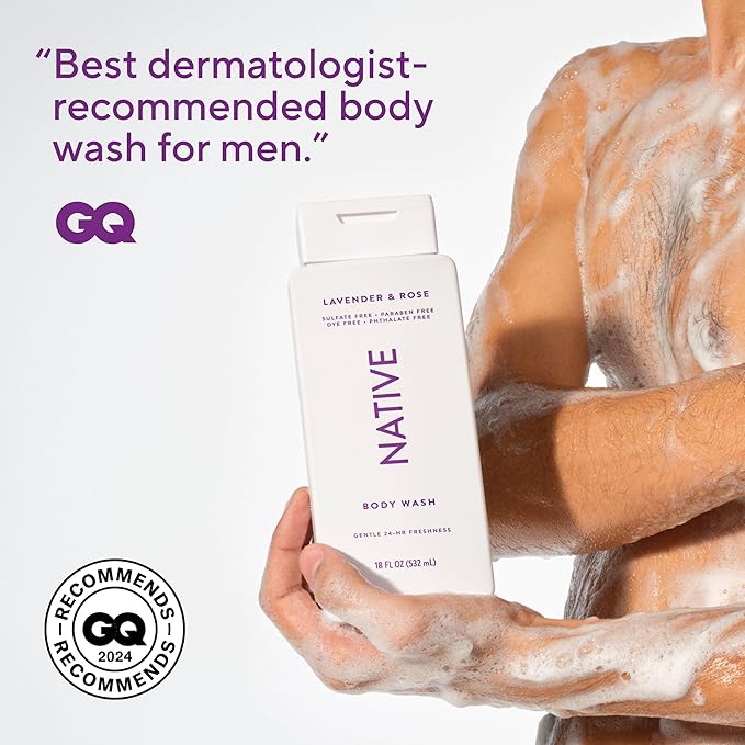 Native Body Wash Contains Naturally Derived Ingredients | For Women & Men, Sulfate, Paraben, & Dye Free Leaving Skin Soft and Hydrated | Lavender & Rose 18 oz