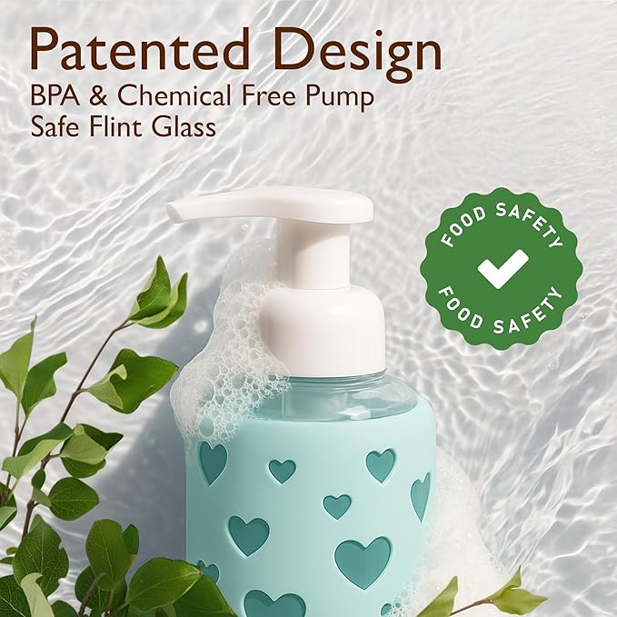 SoCal Suds & Company Foaming Hand Soap Dispenser Glass, Liquid Soap Pump with Heart Silicone Sleeve, Refillable Bottle for Kids, Baby Wash & Shampoo, Ideal for Bathroom & Kitchen Use, Sea Glass, 8oz