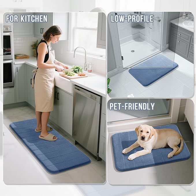 Yimobra Large Bath Mat Set 2 Piece- Super Soft Absorbent Quick Dry Memory Foam Bathroom Rugs, Machine Washable Non Slip Floor Carpet for Tub Shower & Double Vanity (17x24 & 44x24, Denim Blue)
